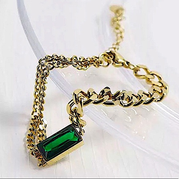 GOLD EMERALD GREEN CHAIN LINK BRACELET - Picture 4 of 14